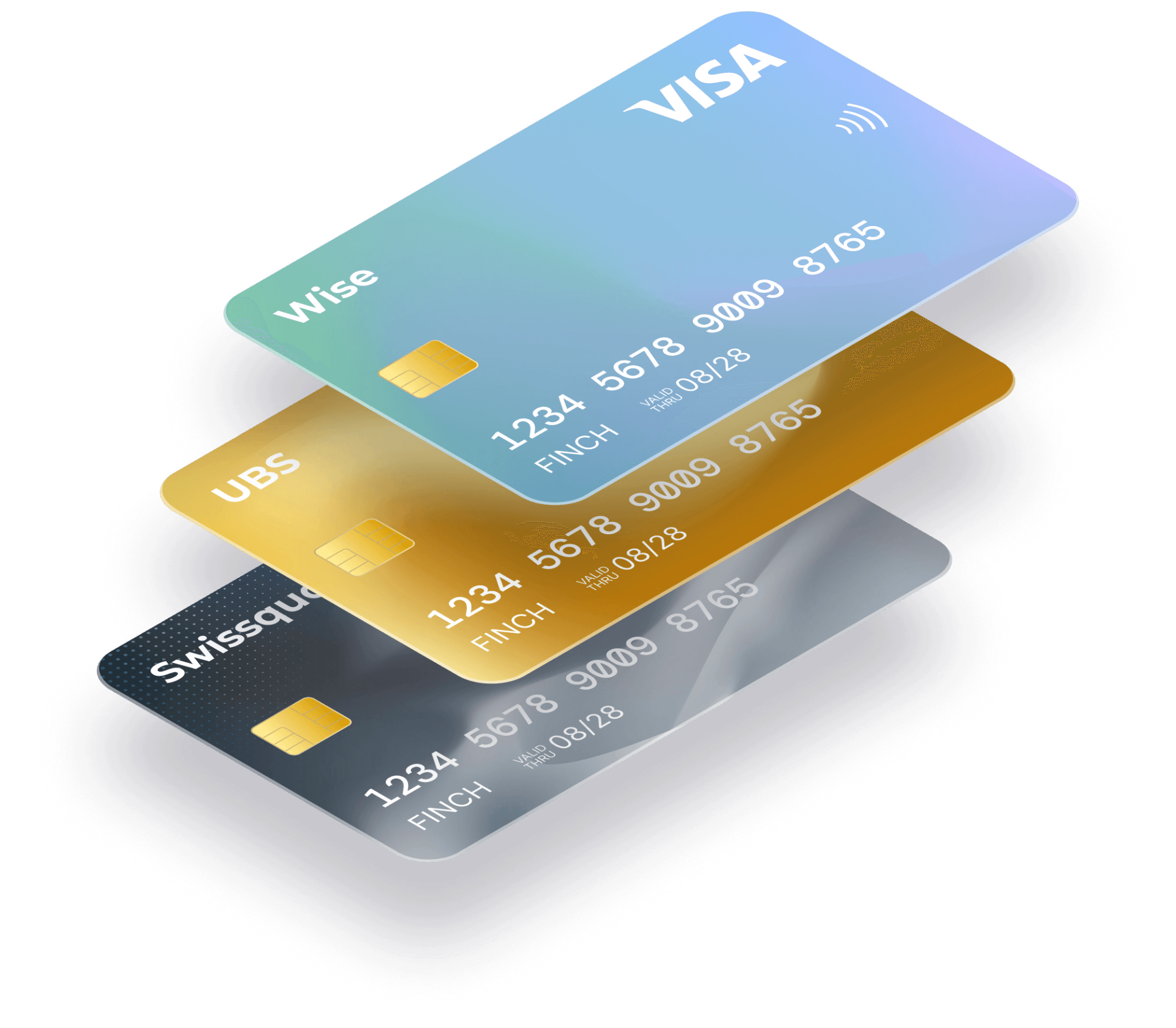 Multiple bank cards stacked showing Finch's unified banking interface